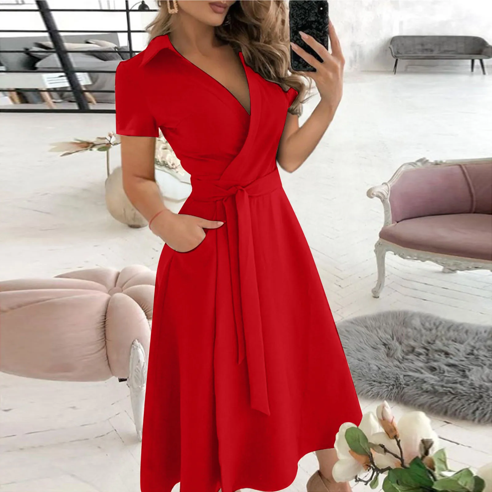 Women'S Red Formal Wear - Frühling Sommer Mode Büro Geraffte Kleid