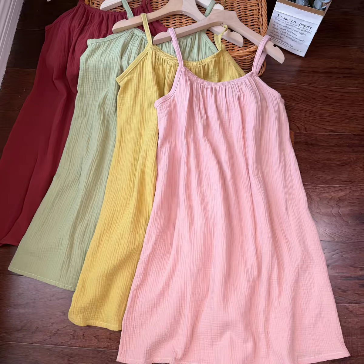 Midi Dress - Damen 100% Baumwoll-Gaze-Sommerkleid mit Verstellbaren Trägern,