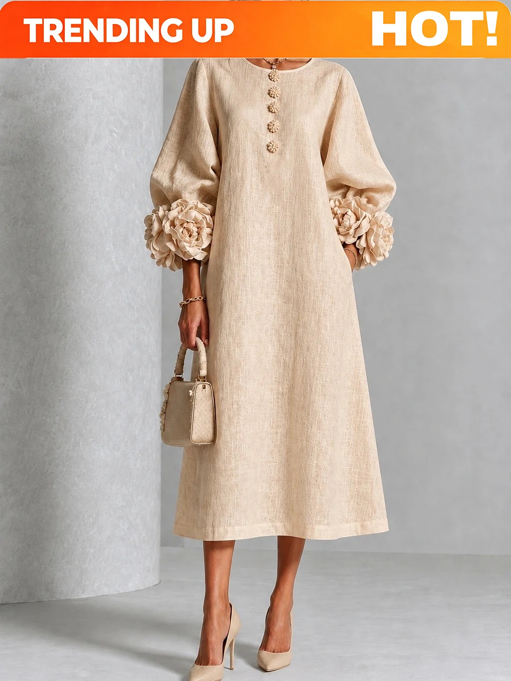 Midi Dress - Maßanfertigung Elegantes Damen-Leinenkleid Midi-Länge O-Ausschnitt 3D-Blumenmuster