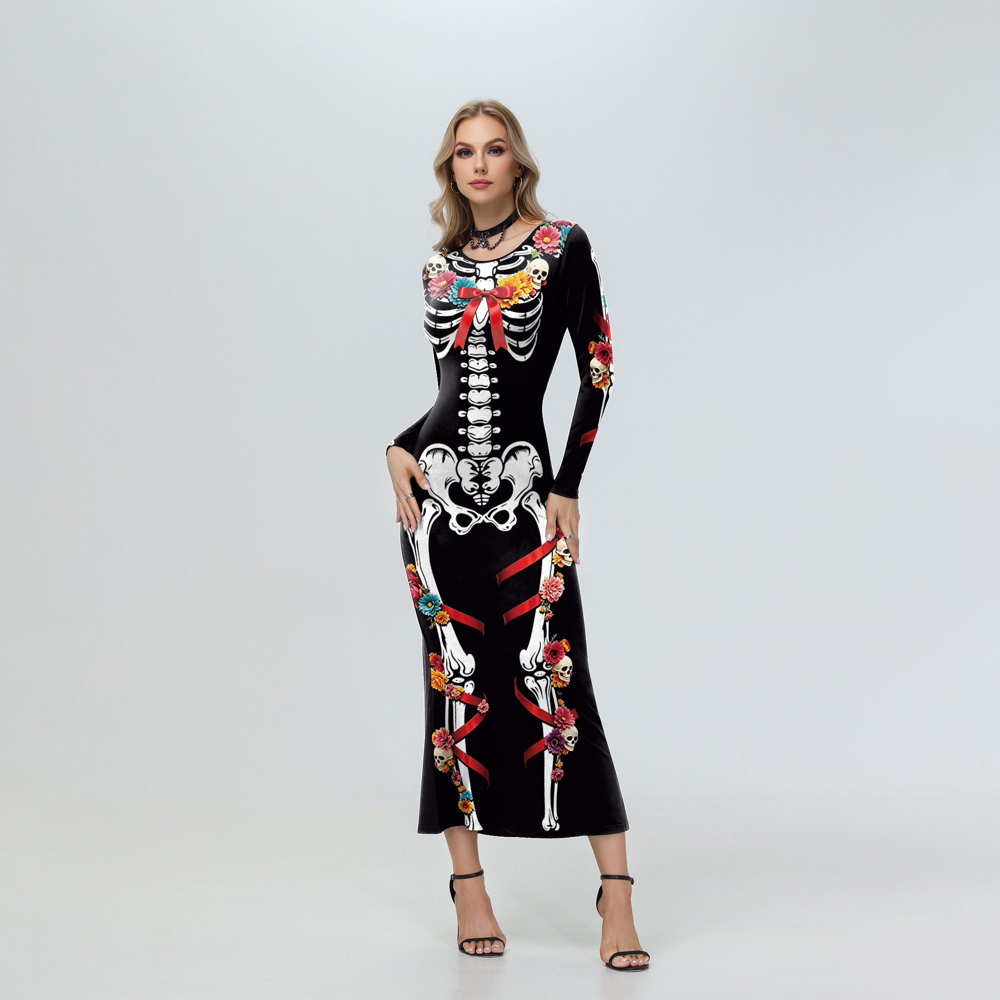 Women'S Red Formal Wear - Halloween Damen Blumen-Skelett Rotes Band Midi-Kleid